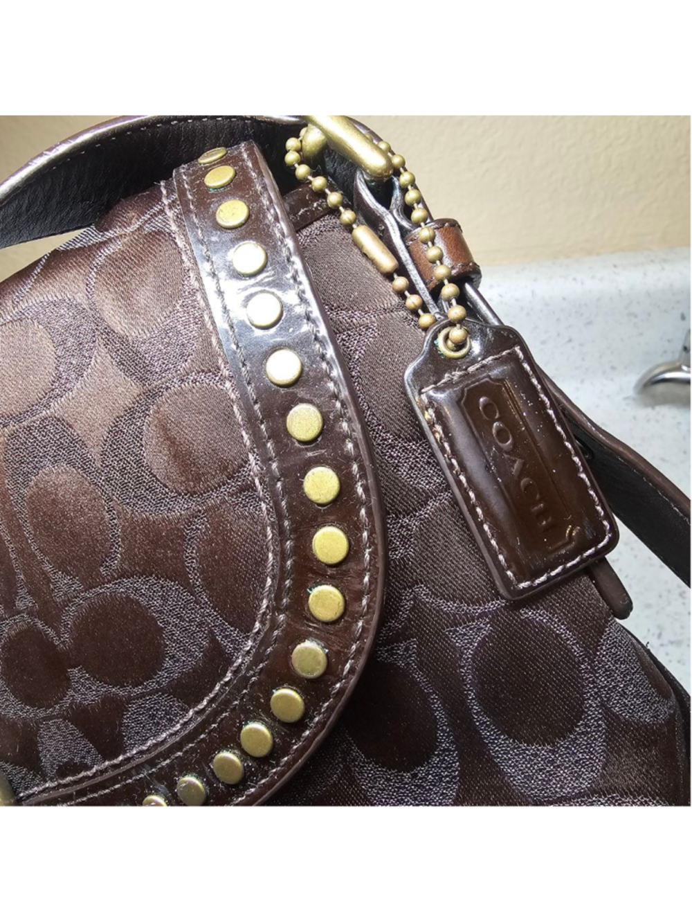 Coach Brown Signature Jacquard Studded Flap Shoulder Bag - Picture 6 of 10